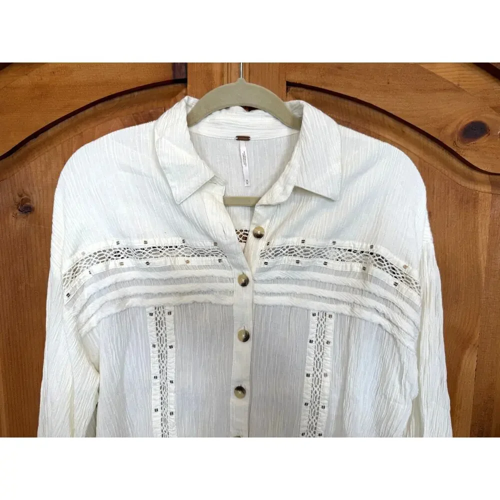 Free People Summer Stars Gauzy Ranch Western Boho Blouse Top, Ivory, Medium